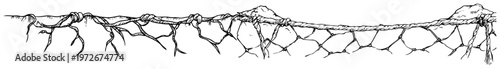 Tangled root bridge connecting land masses with hanging vines in hand drawn doodle style