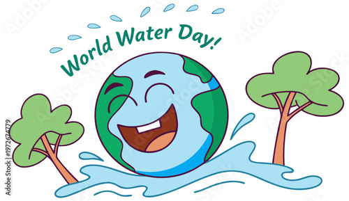 World Water Day illustration with happy Earth and trees