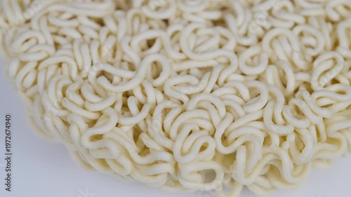 High detail image of dry curly ramen for packaging purposes. Professional studio photograph showcasing intricate textures of dry instant noodles for design and branding