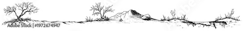 Bare tree on rocky desert landscape background in hand drawn sketch style