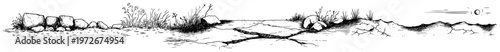 Cracked earth ground with rocks and wild grass in minimalist doodle style