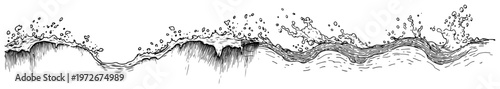 Water waves splashing with liquid droplets in dynamic hand drawn sketch style