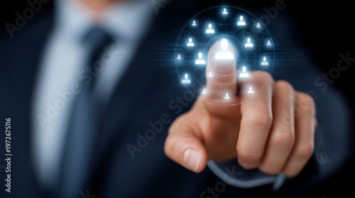 Business Executive Touching Team Leadership Interface, Human Resources Dashboard, Workforce Management, Corporate Collaboration, Recruitment Strategy, Digital Organization and Comm