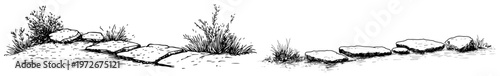 Stone path with stepping stones and wild grass bushes in hand drawn doodle style