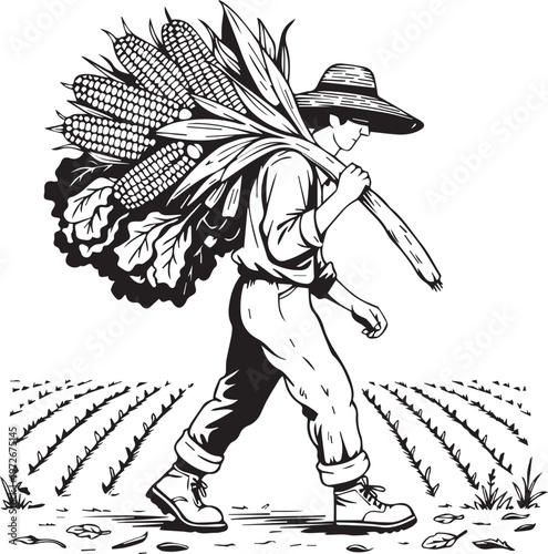 The Harvest's Burden: A farm worker carries a bountiful bundle of freshly harvested corn through the fields, illustrating the culmination of labor.