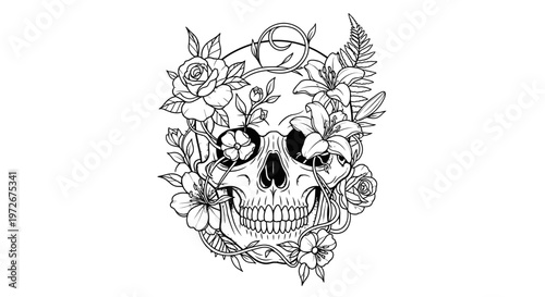 Intricate skull illustration with ornate botanical details and blooming flowers. Detailed line art drawing in a gothic vintage style.