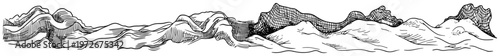 Mountain peaks panorama with crosshatch shading and abstract waves in hand drawn sketch style