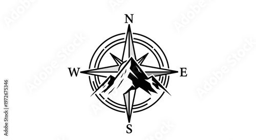 Vintage Style Mountain Range and Compass Rose Emblem for Outdoor Adventure, Travel, and Navigation Design Element