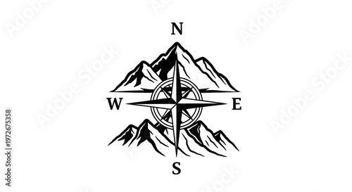 Outdoor Adventure Compass Rose and Mountains Vector Graphic. Navigation, Exploration, Travel, and Wilderness Concept Illustration