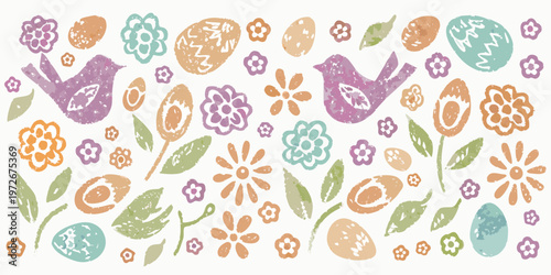 Colorful easter eggs birds and floral patterns in a playful design
