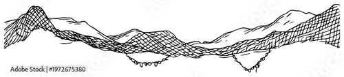 Topographic mountains landscape with wireframe mesh grid pattern in hand drawn sketch style