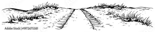 Dirt road path through sand dunes with wild grass patches in hand drawn doodle style