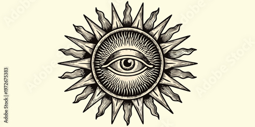 An all seeing eye within an oval frame surrounded by radiating sunbeams