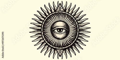 Stylized eye within an oval sunburst vintage engraved illustration