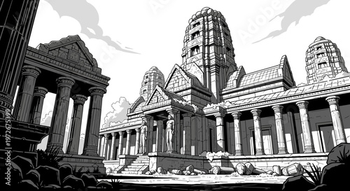 Intricate illustration of an ancient Asian-inspired temple complex in ruins, majestic fantasy architecture, detailed black and white drawing.