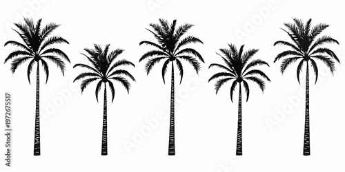 Silhouette of five palm trees against a plain white background