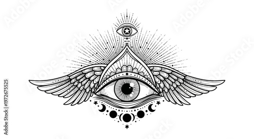 Mystical All-Seeing Eye with Wings, Crescent Moons, and Divine Rays. Esoteric Spiritual Symbol, Occult Sacred Geometry Illustration.