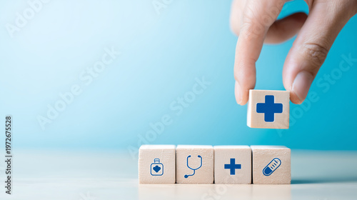 Step by Step Healthcare Concept with Medical Blocks and Blue Cross, Patient Care, Hospital Support, Treatment Services, Clinical Management and Wellness Planning step by step healt