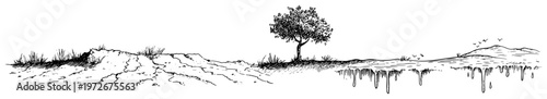 Lone tree growing in a surreal landscape with melting earth and hills in hand drawn sketch style