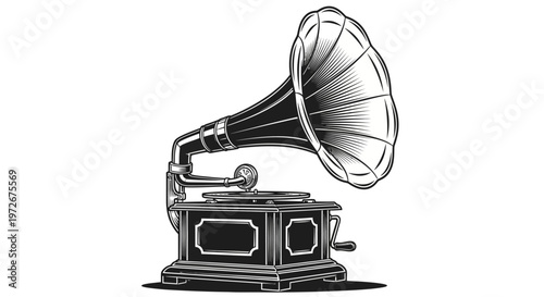 Vintage Gramophone Phonograph Vector Illustration, Retro Music Player, Antique Sound Reproduction Device, Black and White Engraving