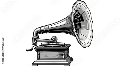 Classic Vintage Gramophone with Large Horn Illustration. Retro Music Player, Antique Phonograph Art in Black and White