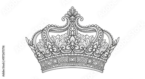 Elegant Ornate Royal Crown Line Art Illustration. Detailed Vintage Luxurious Monarch Symbol Drawing for King or Queen.