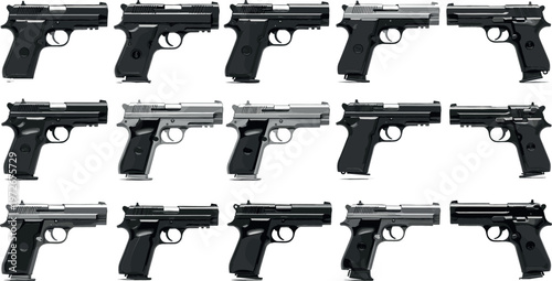 Collection of 15 black and white photographs of various handgun models from different angles, highlighting ergonomic features and details