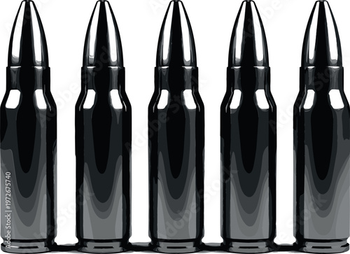 High-quality vector illustration of five black rifle ammunition rounds in a precise horizontal line with glossy metallic finish and sharp details