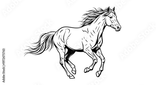 Dynamic running horse line art illustration, galloping powerful equine animal sketch, strong stallion vector drawing isolated on white