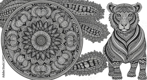 Intricate Zentangle Tiger Cub and Mandala Pattern. Detailed Black and White Line Art Illustration for Coloring and Decoration