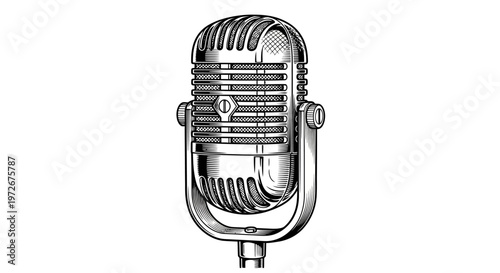 Vintage Retro Classic Microphone Illustration. Black and White Drawing of an Old Audio Mic for Broadcasting, Music, Podcast