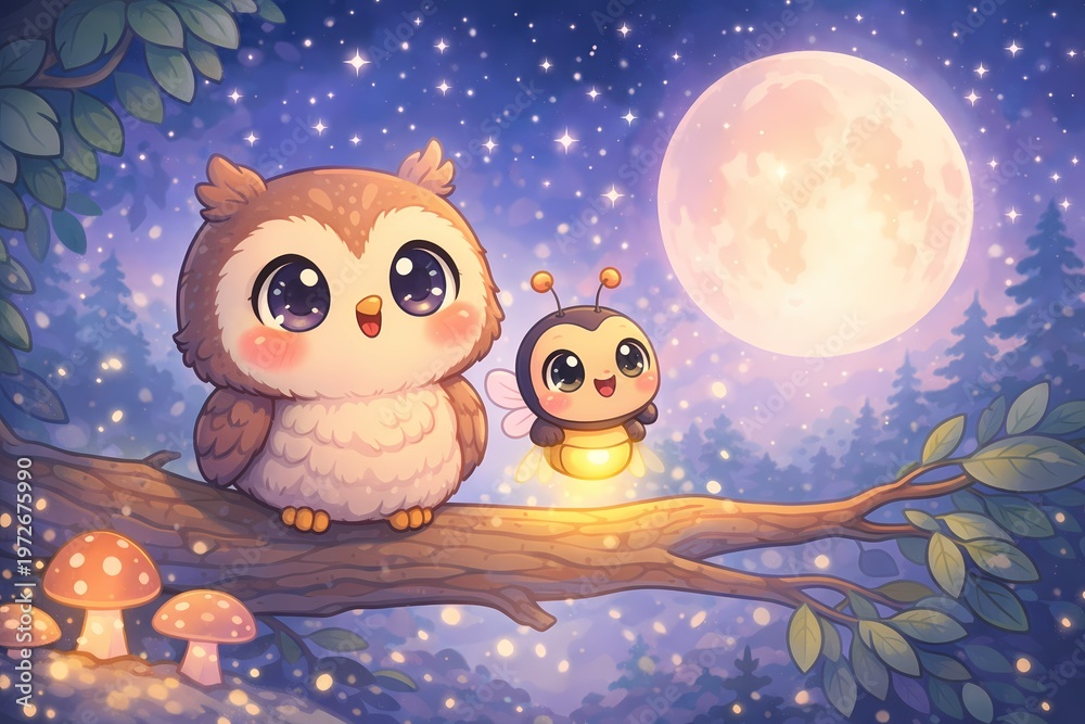 Obraz premium Cute owl and glowing firefly sitting on tree branch under full moon in magical night forest
