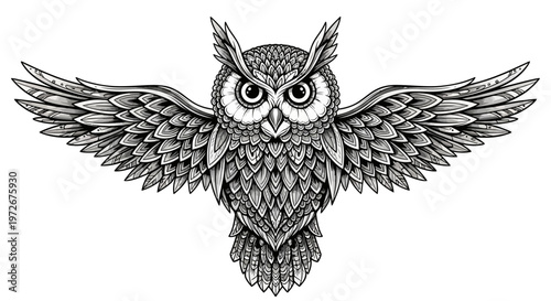 Intricate black and white illustration of an owl with spread wings, featuring detailed feather patterns, symbolic bird art, hand-drawn style.