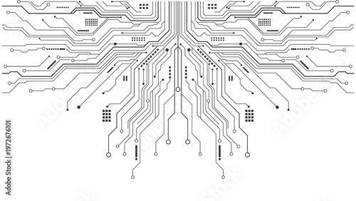 Intricate digital circuit board pathways and nodes visualized in a futuristic abstract graphic design with a branching structure symbolizing data flow and connectivity transparent background