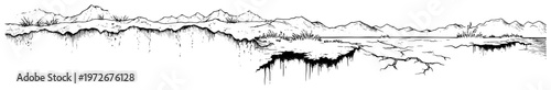 Desert landscape with cracked ground and distant mountain peaks in sketch style