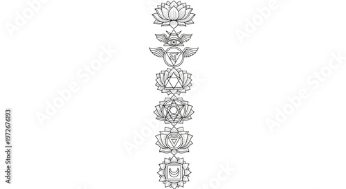 Seven Chakras vector line art. Spiritual energy points symbol set for yoga, meditation, wellness, and holistic healing.