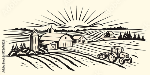 A vintage farm scene with buildings fields and a tractor in sunlight