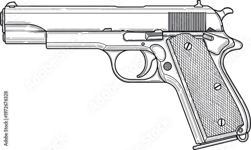 Colt 1911 side profile detailed black-and-white line drawing with textured grip and visible features for technical illustrations