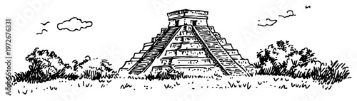 Ancient Mayan pyramid temple with clouds and bushes in hand drawn sketch style