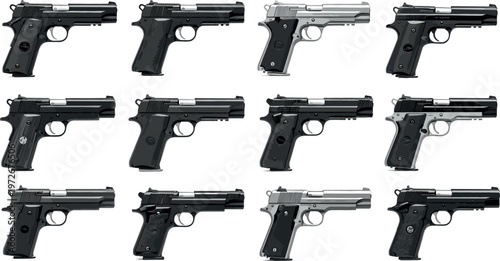 High-quality digital photograph of 12 identical black and silver 1911-style pistols arranged in a grid for product photography