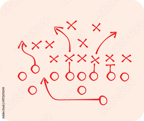 Red hand drawn football play diagram showing strategy and offensive movement for coaching athletes during a high stakes team game.