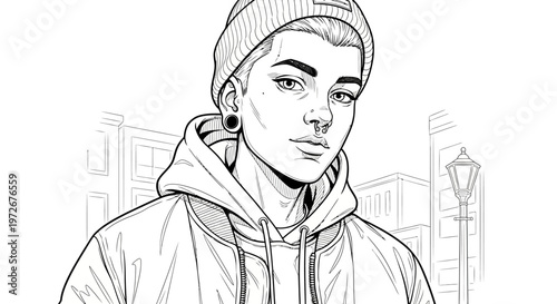 Urban Youth Line Art Portrait of a Person in Beanie and Hoodie, Comic Style City Background, Black and White Coloring Page