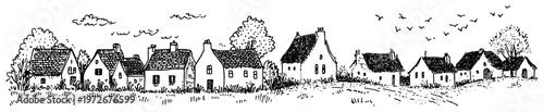 Village houses row with birds in sky in hand drawn engraving style