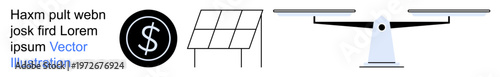 Sustainability, renewable energy, financial management, economics, renewable resource balance, and weighing decisions. A dollar icon, solar panels and balance scale . Sustainability and renewable