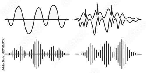 Multiple sine wave and square wave signals on a black background