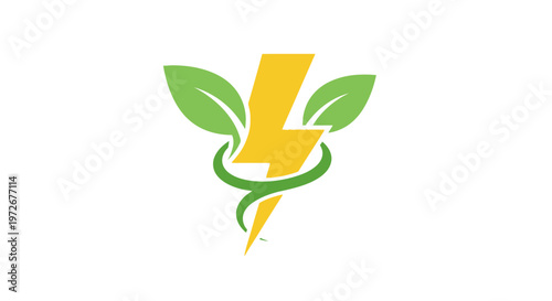 Dynamic Green Energy Lightning Bolt with Swirling Leaves Icon on Isolated White Background