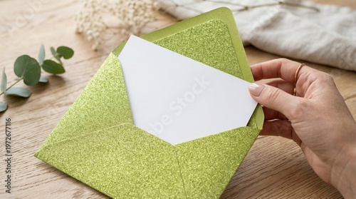 Hand Holding Green Glitter Envelope with White Card on Wooden Table for Wedding Invitation