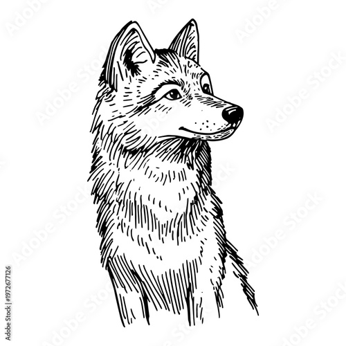 Wolf portrait looking sideways with detailed fur in ink sketch style