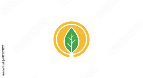 Single Green Leaf inside Yellow Circle Logo on Isolated White Background