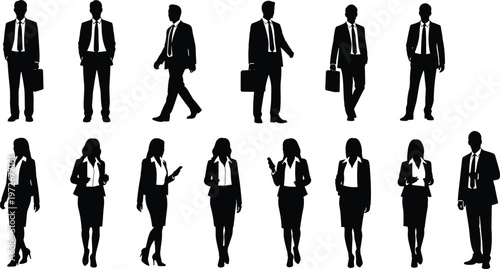 Business professional silhouettes, corporate attire, office lifestyle, workplace diversity, leadership roles, teamwork concept, modern design, minimal art, career illustration, success